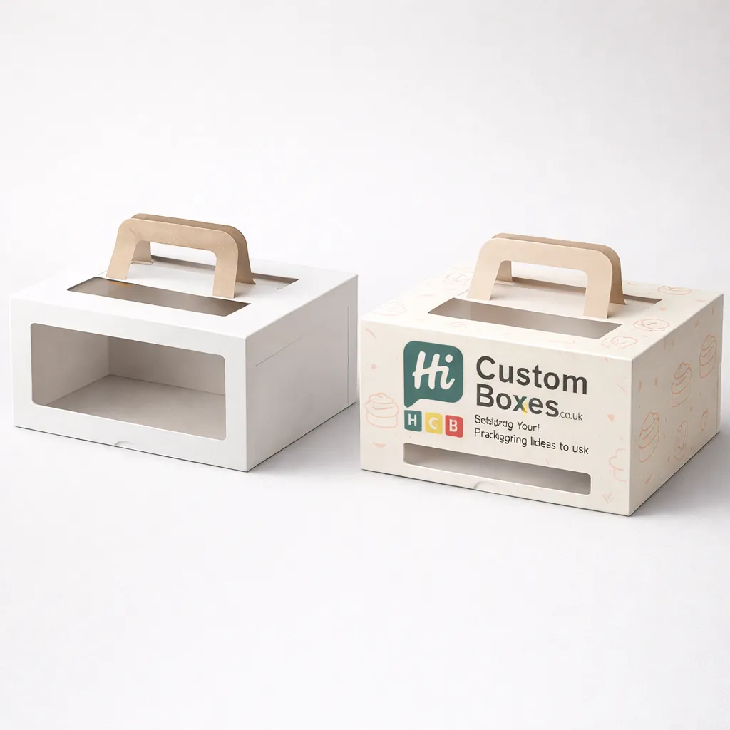 Rectangular white and branded cake boxes featuring brown handles and large windows for bakery displays. class=